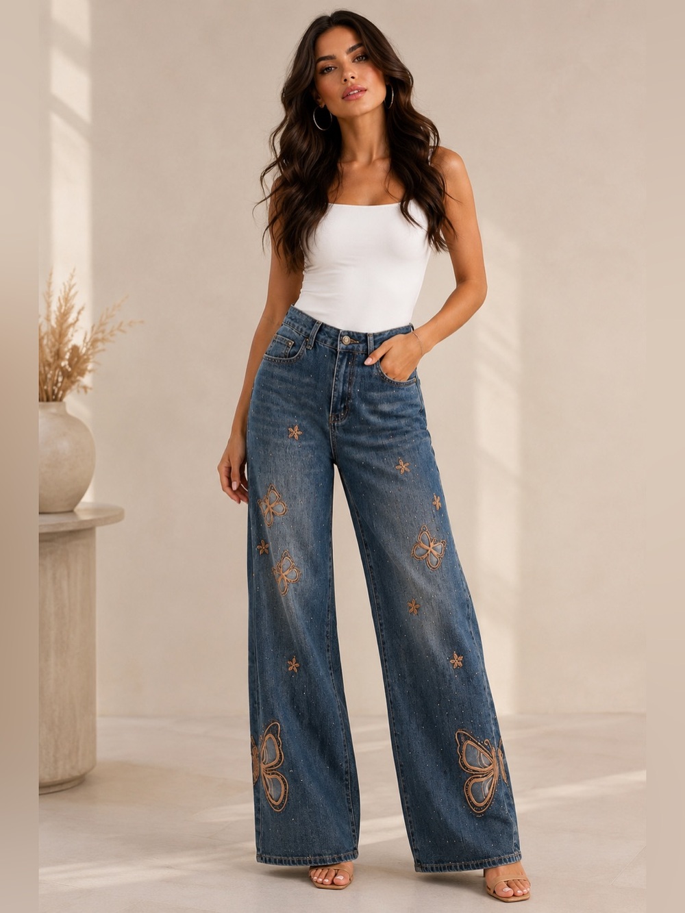 Wide Leg Embroidered Dark Blue Women's Jeans
